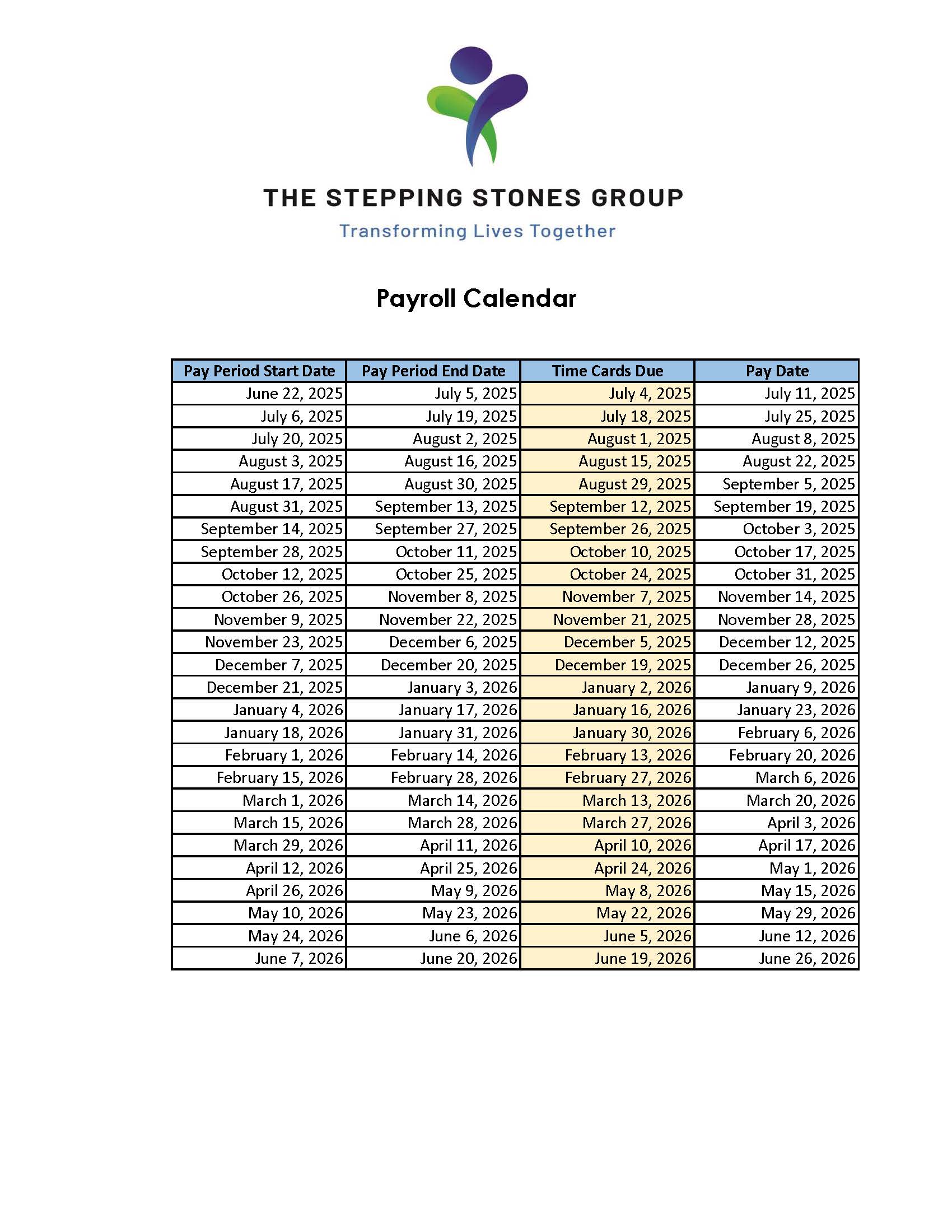 PAYROLL CALENDAR SY 25-26 with Logo