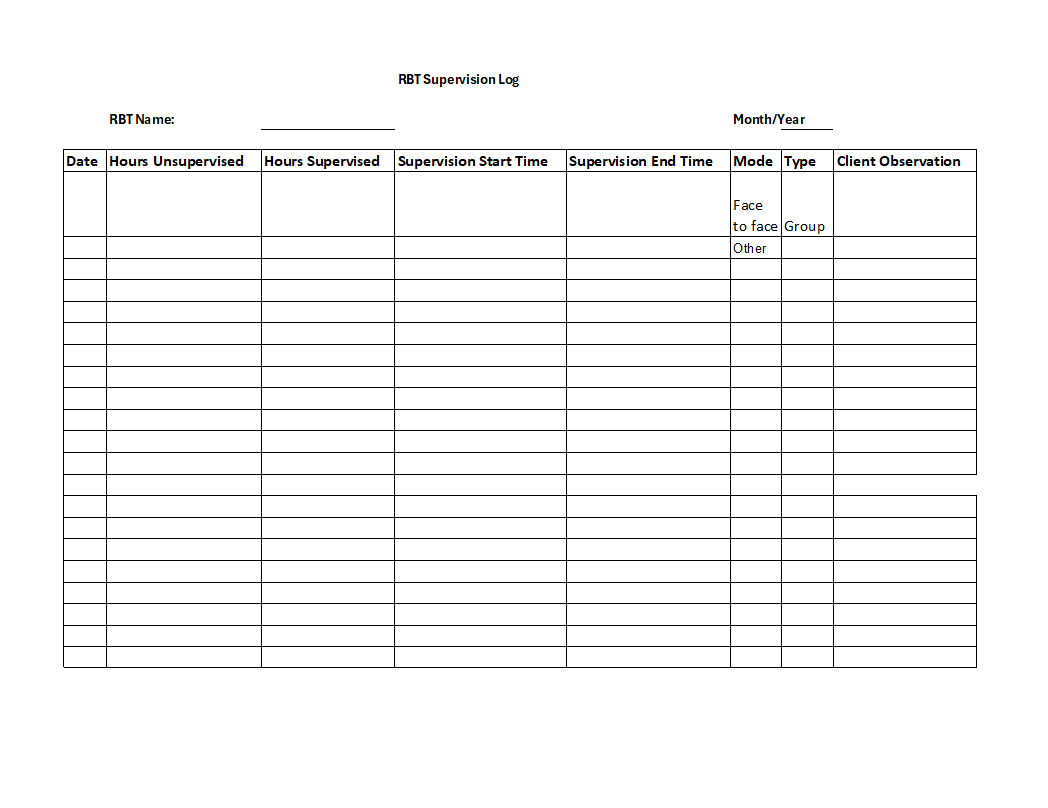 BCBA Supervision Log for RBTs